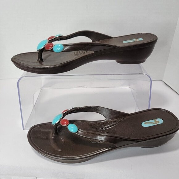 OKAL Womens Sandals Flip Flop‎ Thong Sz M/L Brown Turquoise Red Beach Boho Artsy - Picture 2 of 9